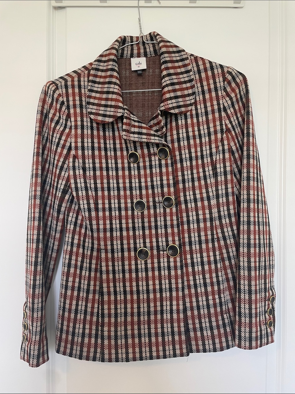 CAbi Plaid Double-Breasted Peacoat in Red, Black & Cream
